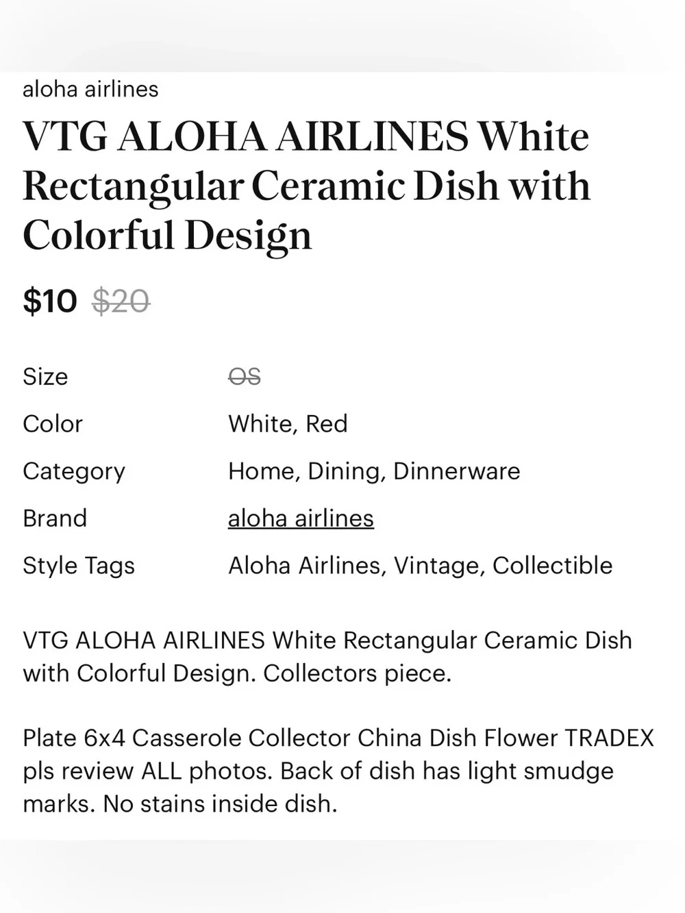 VTG ALOHA AIRLINES CERAMIC DISH ✈️